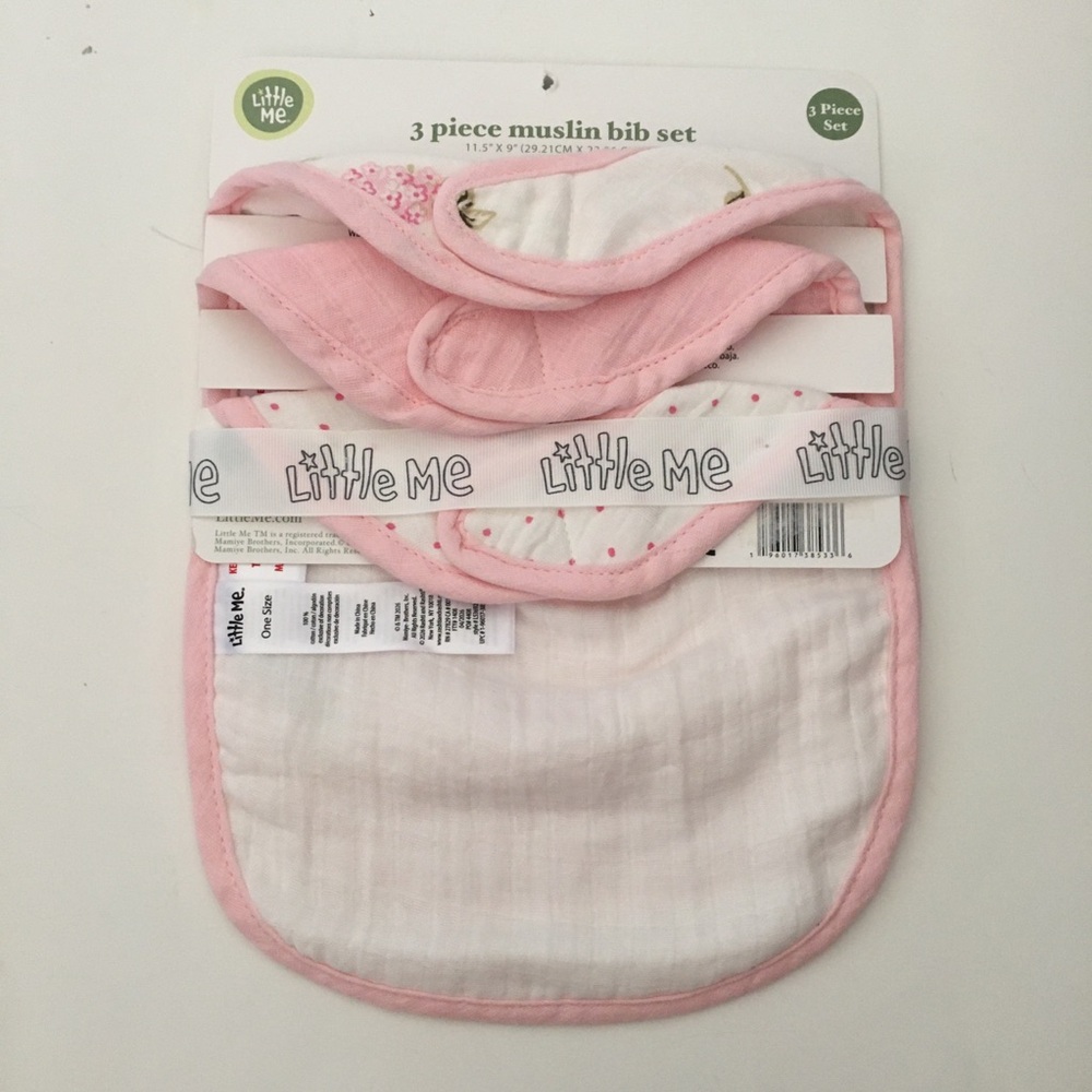 NEW Cotton Muslin Bib Set of 3 Floral Pink Print | Little Me - Picture 5 of 8